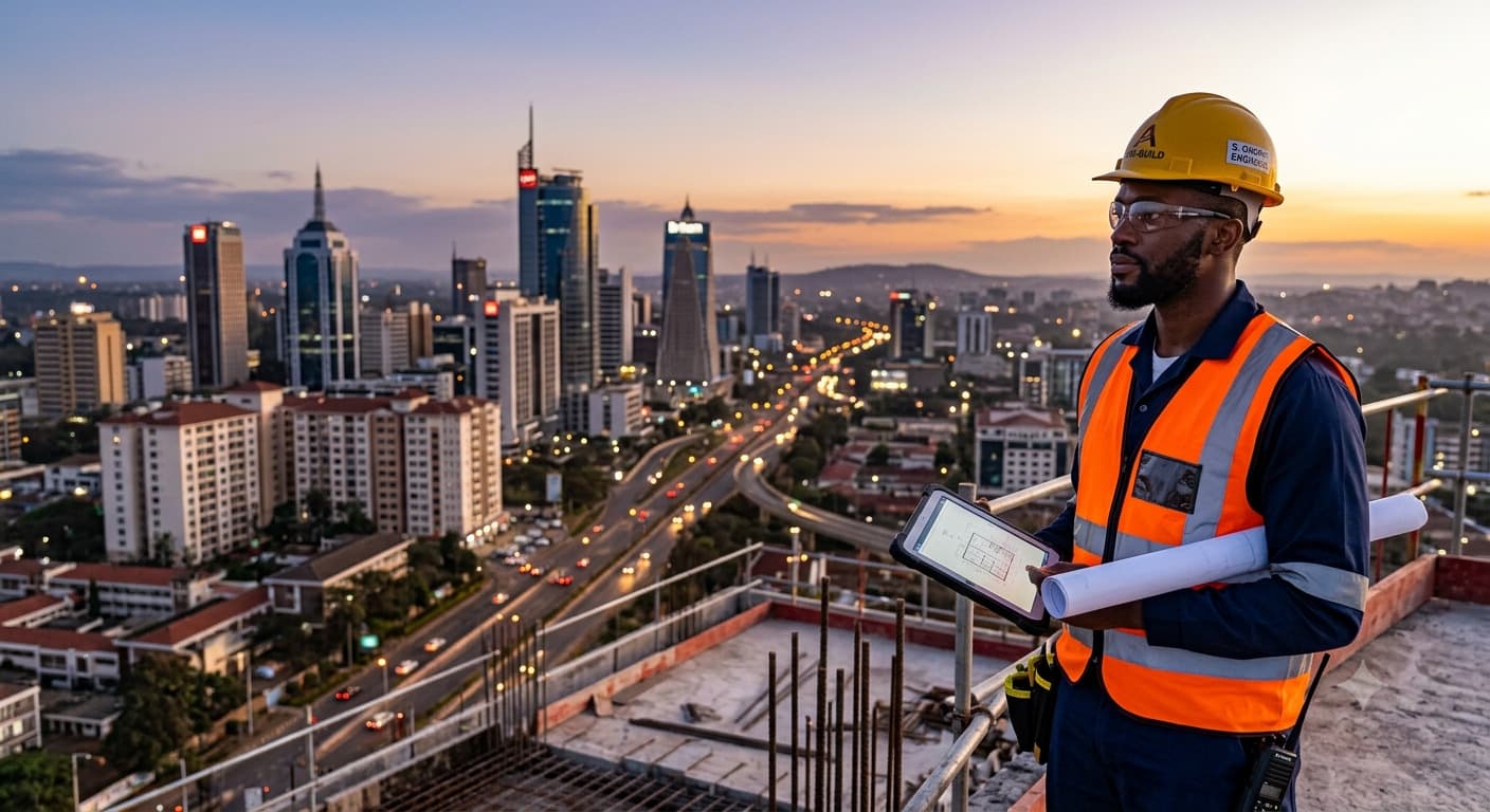 Engineer in safety vest overlooking a city skyline